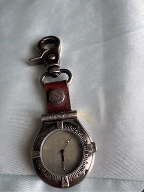 Silver Compass-Style Keychain Watch with Brown Leather Strap